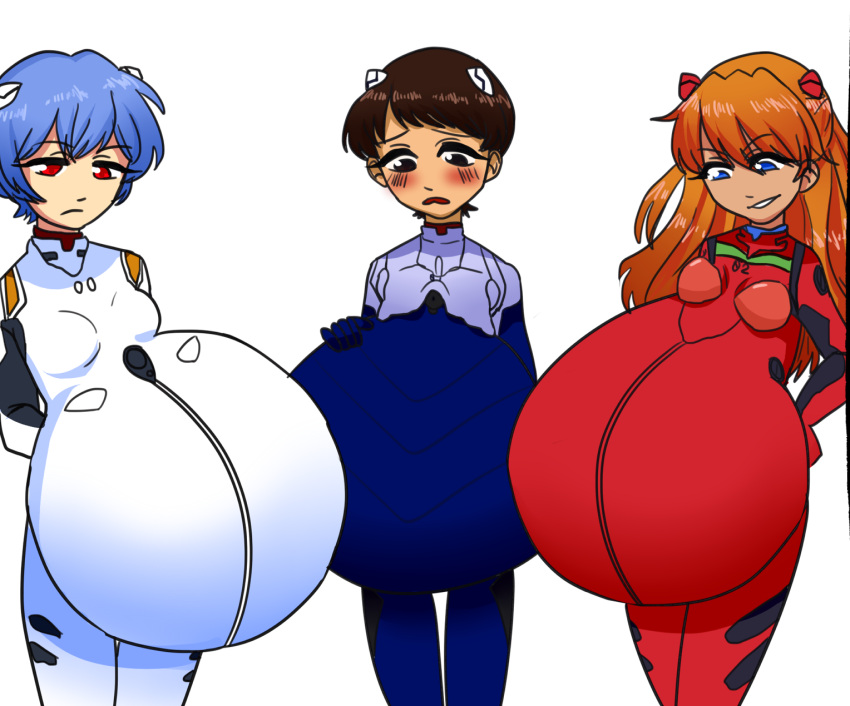 3_girls asuka_langley_souryuu black_hair blue_eyes blue_hair brown_hair genderswap honeyblade98 neon_genesis_evangelion plugsuit pregnant pregnant_belly pregnant_female purple_eyes rei_ayanami shinji_ikari