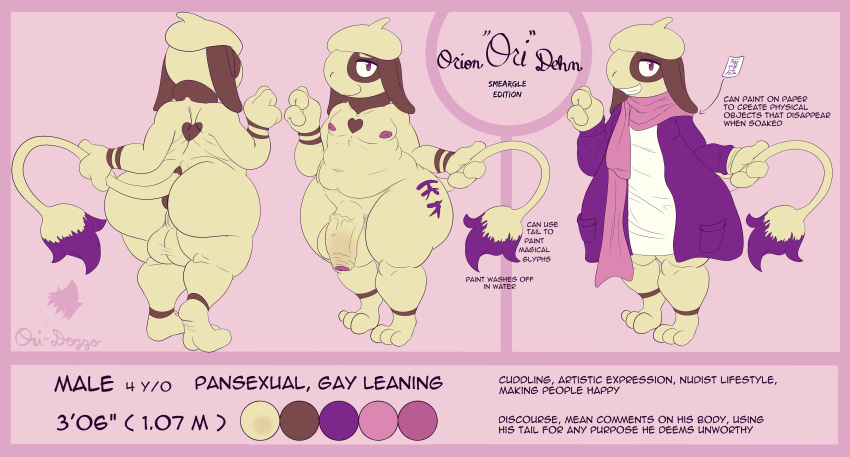 1boy absurd_res anthro anus ass back_fat balls big_ass big_balls big_penis cardigan cjk_character cjk_character_tattoo clothed clothing cub eyebrows fan_character feet flaccid foreskin front_view fur fur_markings generation_2_pokemon genitals glyphs heart_(marking) heart_symbol high_res huge_ass huge_balls huge_cock long_coat love_handles male markings model_sheet nintendo nipples nude ofuda ori-doggo ori_(ori-doggo) paint penis pokemon pokemon_(species) puffy_anus purple_body purple_paint purple_skin rear_view shotacon slightly_chubby smeargle smile smiling_at_viewer talisman tattoo thick_thighs uncircumcised underage vein veiny_penis young