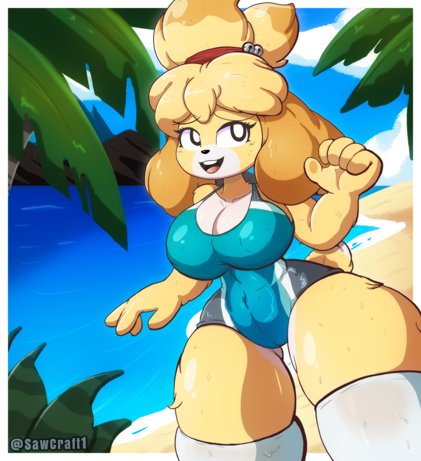 1girl 2025 abstract_background absurd_res animal_crossing anthro beach blue_clothing blue_swimsuit blue_swimwear canid canine canis clothing domestic_dog fur high_res isabelle_(animal_crossing) mammal nintendo palm_tree plant sawcraft1 shih_tzu swimwear tan_body tan_fur toy_dog tree wet