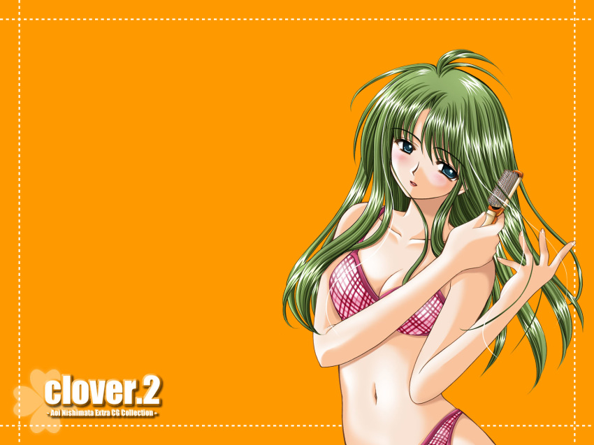 1girl blue_eyes clover_(game_cg) green_hair hair_brushing hentai highres long_hair navel nishimata_aoi orange_background solo wallpaper