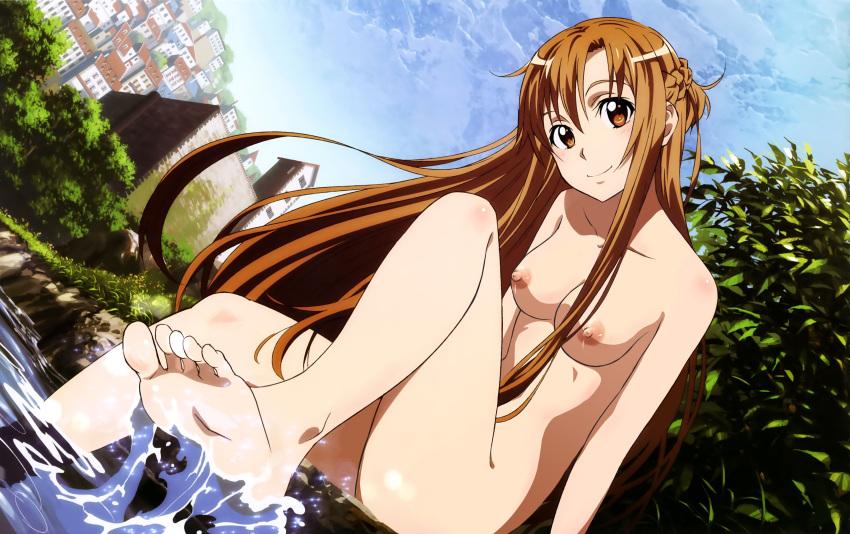 10s 1girl 1girl absurd_res alluring asuna_(sao) barefoot brown_eyes brown_hair dutch_angle feet female_focus head_tilt high_res leg_lift long_hair long_legs looking_at_viewer nipples nude nude_filter outside sitting smile soaking_feet soles sword_art_online third-party_edit toes very_long_hair water