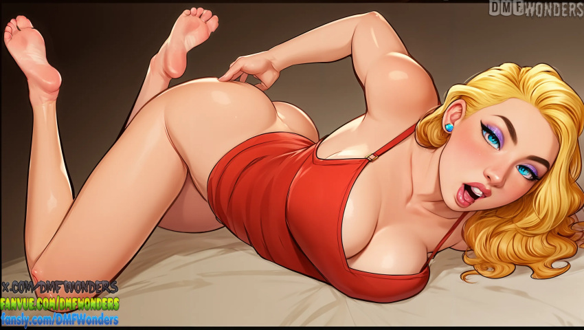 1girl 1girls ai ai_art ai_generated ass barefoot big_breasts blonde_hair blue_eyes blush bottomless breasts cleavage dmf_wonders earrings fansly fanvue_username feet full_body jewelry lips long_hair looking_at_viewer lying makeup mismatched_eyebrows on_stomach open_mouth original original_character soles spaghetti_strap tank_top the_pose toes twitter_username waifu watermark web_address x_username