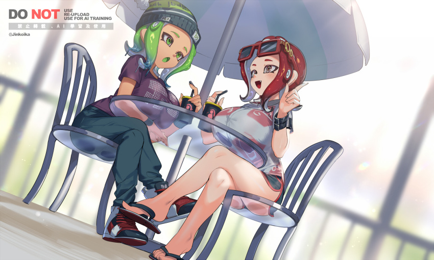 2_girls :o arm_under_breasts beanie big_breasts black_shoes black_shorts blue_hair blue_pants bracelet breasts chair colored_tongue commentary crossed_legs cup disposable_cup dolphin_shorts drinking_straw eyewear_on_head flip-flops full_body gradient_hair green_eyes green_hair green_hat green_tongue grey_eyes grey_shirt hat high_tops holding holding_cup jewelry jinkoika lim&oacute;n_(limon_limes) limon_(limon_limes) looking_at_another medium_hair mev_(mevlingo) multicolored_hair multicolored_shoes multiple_girls nintendo octoling octoling_girl octoling_player_character on_chair open_mouth outside pants parasol parted_bangs purple_shirt red-framed_eyewear red_hair red_shoes sandals shirt shoes short_sleeves shorts sitting sneakers splatoon_(series) sunglasses symbol-only_commentary t-shirt table tentacle_hair umbrella white_shoes