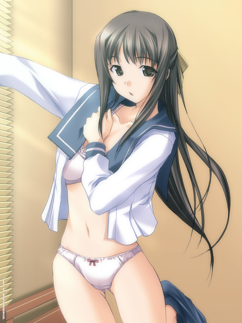 1girl bottomless bow bow_panties bra brown_eyes brown_hair dressing duplicate hair_bow hentai highres hizuki_ayumi kawagishi_keitarou lace-trimmed_bra leg_lift lingerie long_hair navel no_pants open_clothes open_shirt panties ringetsu school_uniform serafuku shirt solo standing underwear white_bra white_panties