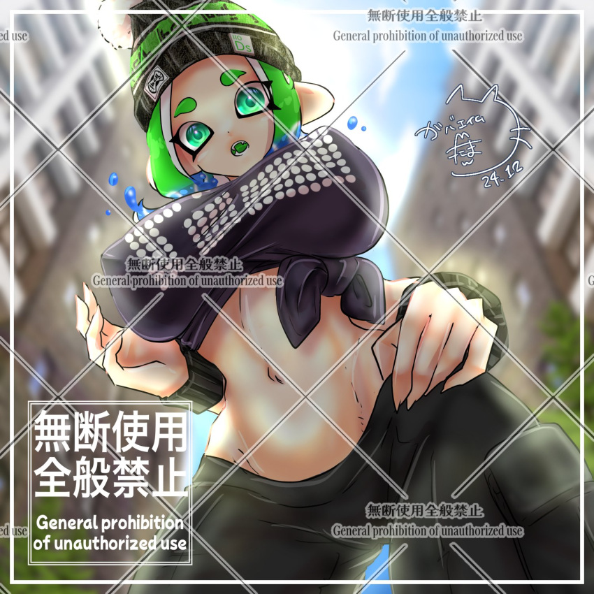 1girl 1girls artist_name beanie big_breasts black_pants bracelet bracelets breasts covered_nipples gbeimtama green_hair green_tongue looking_at_viewer looking_down looking_down_at_viewer mev_(mevlingo) navel nintendo octoling octoling_girl open_mouth purple_shirt splatoon splatoon_3 tentacle tentacle_hair tied_shirt tongue