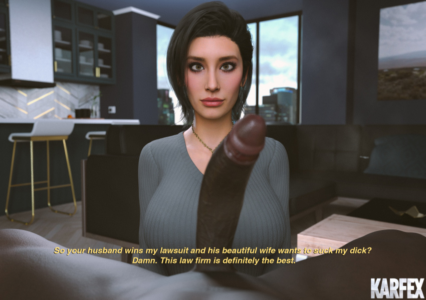 1boy 1girl 1girls 3d ashley_(karfex) bull_pov cheating cheating_girlfriend cheating_wife clothed_female_nude_male dark-skinned_male dark_skin imminent_oral interracial karfex light-skinned_female light_skin male ntr oral pov text