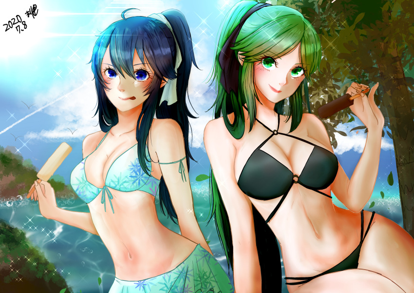 2_girls absurd_res alluring bikini black_bikini blue_eyes blue_hair blue_sky cleavage cloud cloudy_sky crossover eva02asuka0608 fire_emblem fire_emblem_awakening fire_emblem_warriors food green_eyes green_hair high_res intelligent_systems kid_icarus licking_lips long_hair looking_at_viewer lucina lucina_(fire_emblem) multiple_girls navel nintendo palutena popsicle sky smile sunlight super_smash_bros. swimsuit thick_thighs thighs tongue tongue_out tree
