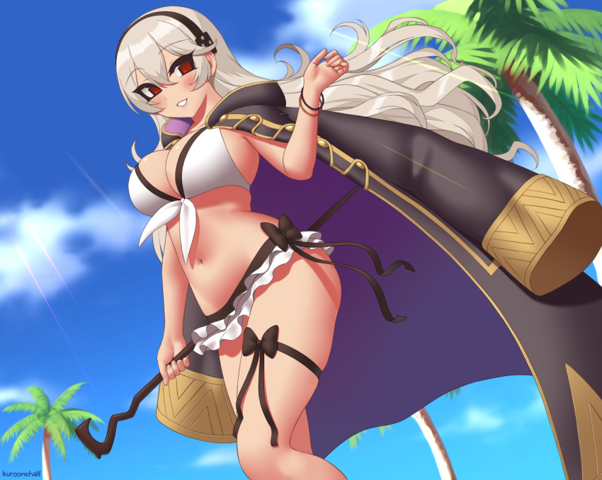 1girl 1girl alluring artist_name big_breasts bikini bikini_skirt black_hairband blue_sky bracelet breasts cleavage commentary commission corrin_(fire_emblem) corrin_(fire_emblem)_(female) day fire_emblem fire_emblem_fates fire_emblem_heroes hairband holding jewelry kuroonehalf long_hair nintendo palm_tree red_eyes silver_hair sky smile swimsuit thigh_strap tree voluptuous white_bikini white_hair white_swimsuit