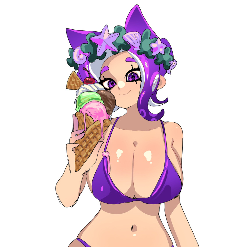 1girl aloha_(alohayeah) big_breasts bikini breasts cleavage ice_cream navel nintendo norishiitsu purple_bikini purple_eyes purple_hair short_hair splatoon tentacle_hair