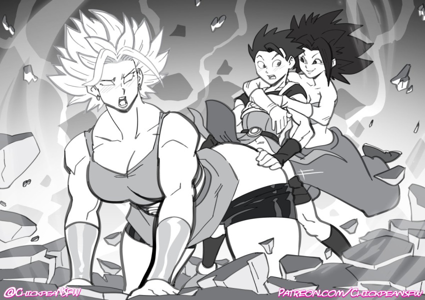1boy 2025 2_girls all_fours blush cabba caulifla chickpea closed_eyes digital_drawing_(artwork) doggy_position dragon_ball dragon_ball_super ffm_threesome grey_background grey_theme greyscale kale monochrome open_mouth pleasure_face size_difference smile super_saiyan threesome