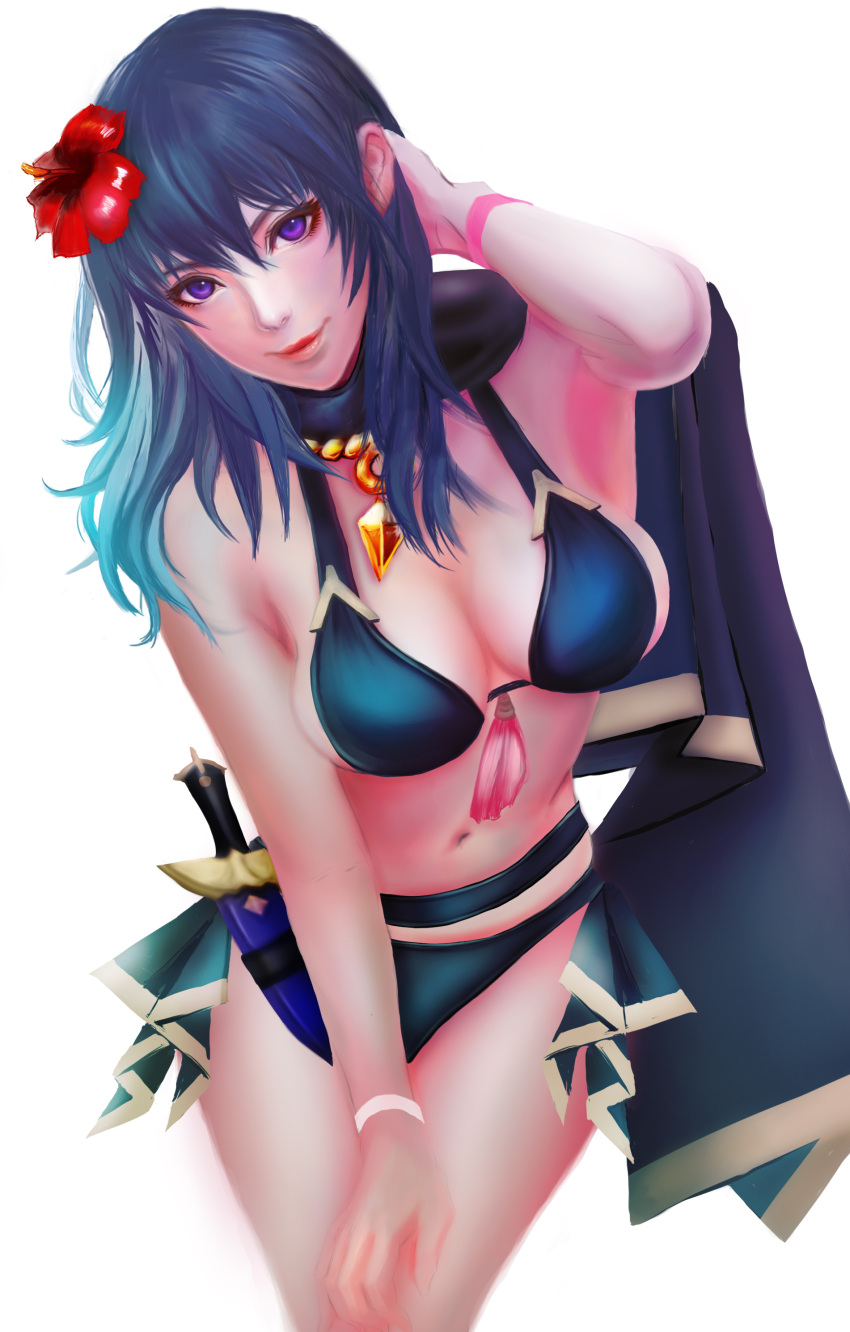 1girl 1girl absurd_res bikini black_bikini black_cape byleth_(fire_emblem) byleth_(fire_emblem)_(female) byleth_(summer)_(fire_emblem)_(female) cape cleavage closed_mouth cowboy_shot dagger fire_emblem fire_emblem:_three_houses flower hair_between_eyes hair_flower hair_ornament hand_in_own_hair hibiscus high_res intelligent_systems jack_(kairuhaido) knife leaning_forward long_hair looking_at_viewer medium_breasts navel nintendo official_alternate_costume purple_eyes red_flower sideboob simple_background smile standing swimsuit teal_hair weapon white_background wristband