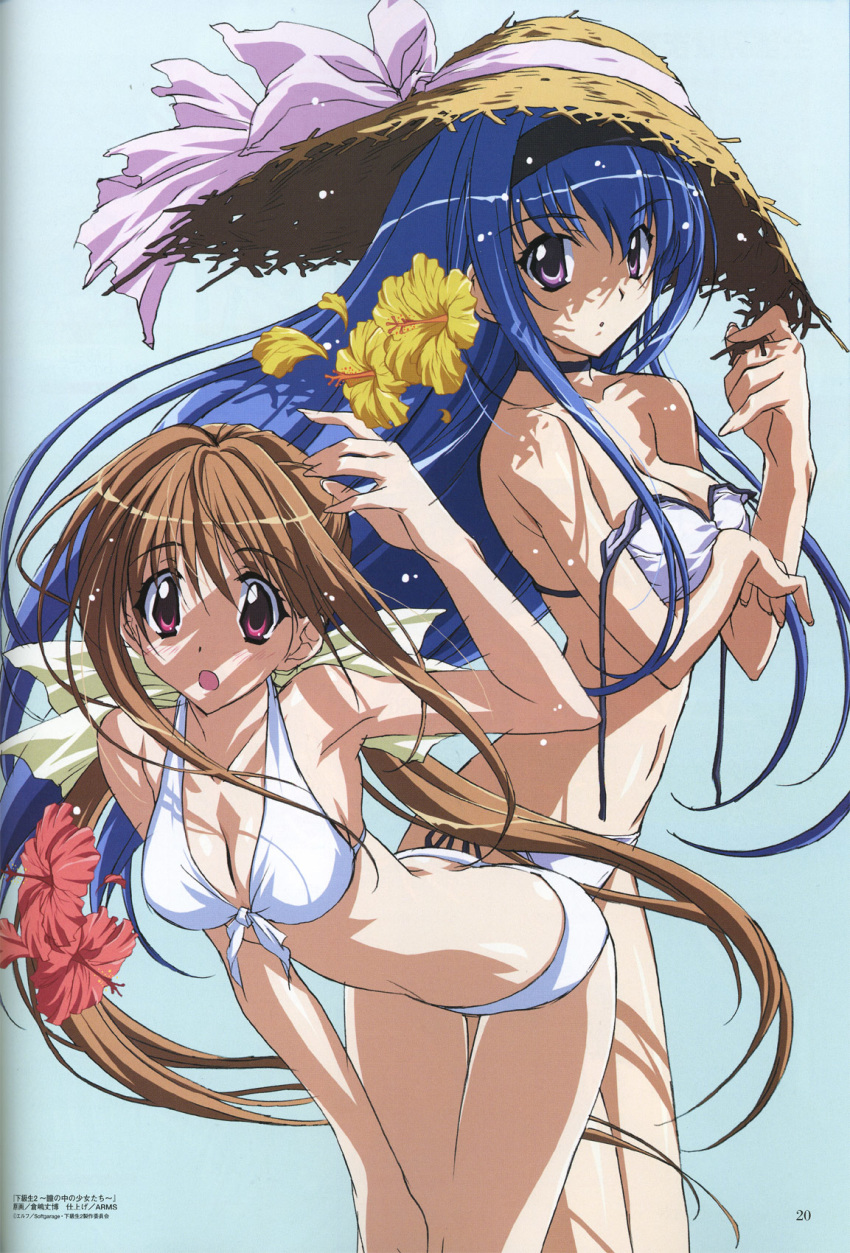 2girls aya_kadoi bikini blue_hair brown_hair choker flower hairband hat hentai highres kadoi_aya kakyuusei_2 kurashima_tomoyasu long_hair multiple_girls purple_eyes red_eyes saimon_tamaki straw_hat swimsuit takato_nanase takatoo_nanase