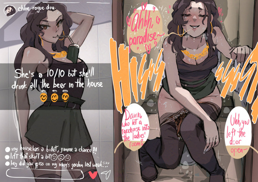 1girl 1girl 1girls alternate_outfit bare_shoulders beer big_breasts biku black_hair black_panties black_pantyhose black_tank_top breasts brown_eyes chloe_(biku) cleavage drink drink_on_breasts english_text gold_earrings gold_jewelry gold_necklace green_skirt instagram instagram_story long_hair necklace orange_panties original panties panty_pull pantyhose pantyhose_pull peeing skirt skirt_lift solo_female solo_focus speech_bubble straw_in_mouth tank_top text text_bubble toilet toilet_use underwear white_nails