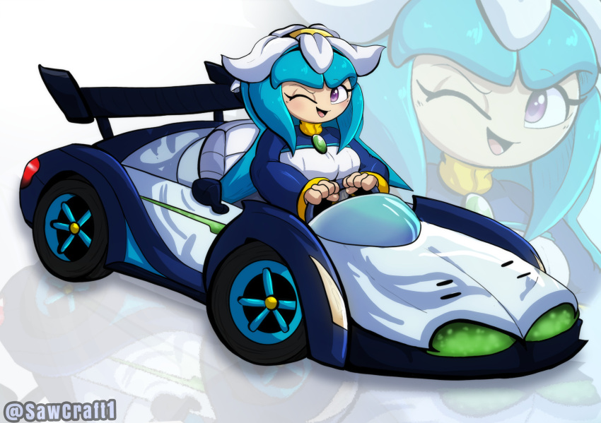 1girl 2025 abstract_background alien alien_girl alien_humanoid artist_name automobile big_breasts blue_pseudo_hair breasts car clothed clothes clothing commission commissioner_upload driving elemental_creature female flora_fauna galaxina_the_seedrian huge_breasts light-skinned light-skinned_female light_skin light_skinned_female plant_girl plant_humanoid purple_eyes sawcraft1 seedrian sega solo sonic_racing_crossworlds sonic_the_hedgehog_(series) sonic_x spoiler_(automobile) tms_entertainment vehicle wheel white white_clothing wink winking