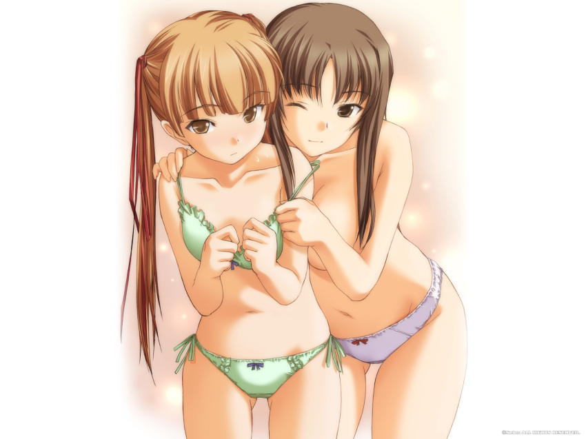 2girls arm_grab blush bow bow_bra bow_panties bra brown_eyes brown_hair flat_chest green_bra green_panties hentai highres hizuki_ayumi hizuki_mitsuna hug hug_from_behind kawagishi_keitarou lingerie long_hair multiple_girls one_eye_closed panties ringetsu side-tie_panties small_breasts strap_slip topless twintails underwear underwear_only wallpaper white_panties wink young younger yuri