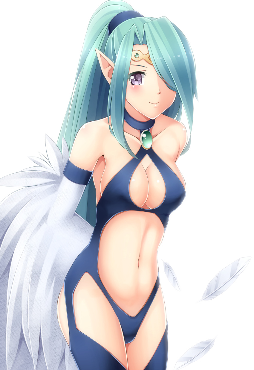 1girl aqua_hair arms_behind_back bare_shoulders belly blush body_blush breasts character_request circlet cleavage collarbone duel_monster feathers female gem hair hair_over_one_eye harpie_queen harpy highres komimiyako komitsu long_hair long_image looking_at_viewer midriff monster_girl navel pointy_ears ponytail purple_eyes shiny shiny_hair shiny_skin simple_background smile solo standing tall_image thighhighs very_long_hair white_background wings yu-gi-oh! yuu-gi-ou yuu-gi-ou_duel_monsters