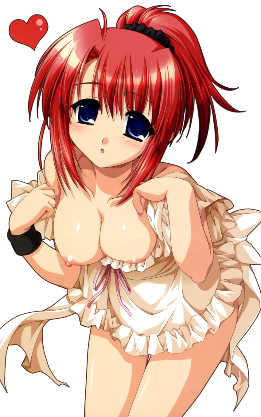 1girl 5pb. absurd_res absurdres alpha_(artist) alpha_(yukai_na_nakamatachi) apron areola areolae blue_eyes blush bow bracelet breasts heart high_res highres jewelry mitsuhiro_sachi naked_apron nipples open_mouth ponytail red_hair ribbon sharin_no_kuni sharin_no_kuni_himawari_no_shoujo solo Ã¢â„¢Â¥