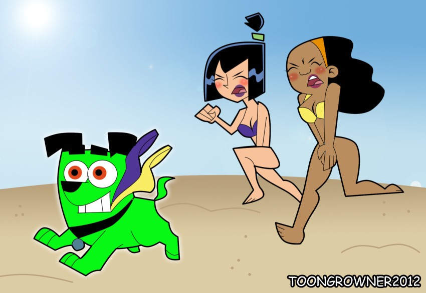 2012 angry beach bikini bikini_bottom black_hair blush bottomless closed_eyes collar cover_up covering_crotch cujo cujo_(danny_phantom) danny_phantom dark_skin dog dog_collar embarrassing funny ghost hairband lipstick long_hair ponytail purple_lipstick red_eyes samantha_manson sun toongrowner valerie_gray