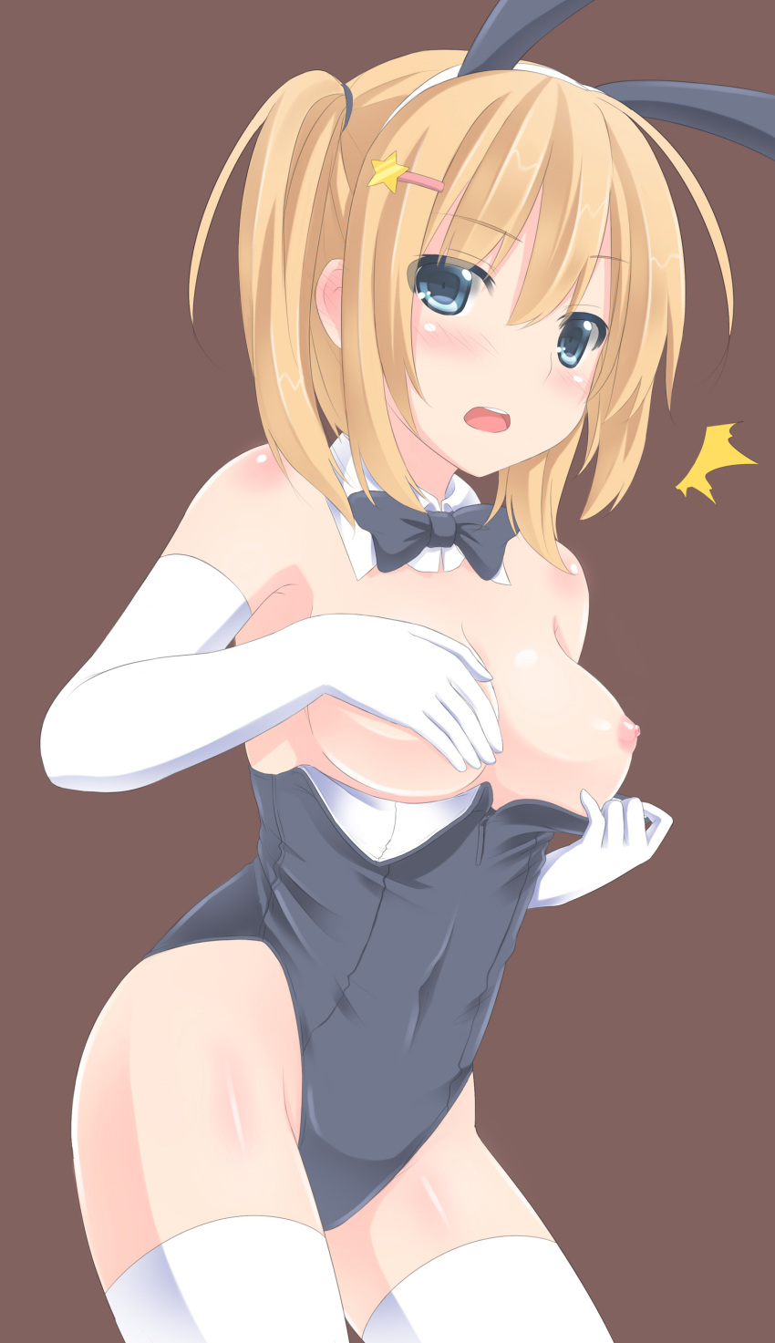 1girl absurd_res absurdres animal_ears blonde_hair blue_eyes blush bow bowtie breasts bunny_ears bunny_girl bunnysuit covering covering_breasts elbow_gloves fake_animal_ears gloves hair_ornament hairclip high_res highres mizunashi_kenichi navel nipples open_mouth original original_character short_hair short_twintails stockings surprised thighhighs twintails undressing white_legwear