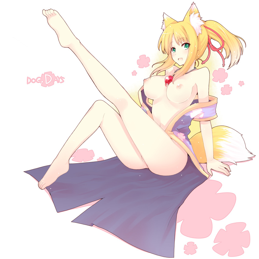 1girl absurd_res absurdres animal_ears bare_shoulders barefoot blonde_hair breasts dog_days dog_ears dog_tail fang fox_ears fox_tail green_eyes high_res highres jewelry kamoto_tatsuya leg_lift leg_up long_legs nipples no_panties open_mouth pendant ponytail solo tail yukikaze_panettone