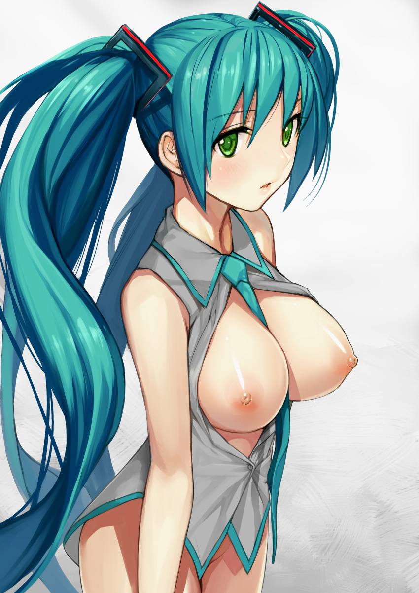 1girl absurd_res absurdres aqua_hair arm arms art babe bare_legs between_breasts big_breasts blush bottomless breasts breasts_out breasts_outside collared_shirt female framed_breasts green_eyes hair_ornament hatsune_miku high_res highres large_breasts legs lips long_hair looking_at_viewer matsui_hiroaki miku_hatsune mound_of_venus neck necktie nipples no_panties open_clothes open_mouth parted_lips shiny shiny_hair shiny_skin shirt simple_background sleeveless sleeveless_shirt solo tall_image twintails very_long_hair vocaloid