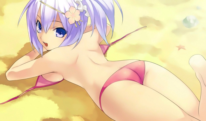 1girl agarest_senki_(series) agarest_senki_mariage ass bandeau bare_shoulders beach bikini breast_press breasts hair_ornament hirano_katsuyuki leg_lift leg_up looking_back lying on_stomach paninya_(agarest_senki) purple_eyes purple_hair red_bikini side_ponytail sideboob smile solo swimsuit topless untied