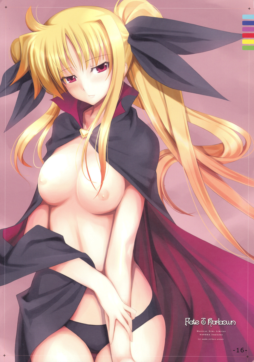 1girl absurdres black_panties blonde_hair breasts cape fate_testarossa hair highres long_hair lyrical_nanoha magical_girl mahou_shoujo_lyrical_nanoha mahou_shoujo_lyrical_nanoha_strikers mikazuki_akira mikazuki_akira! nearly_naked_cape nipples oppai panties ponytail red_eyes ribbon scan tri-moon! twintail underwear underwear_only