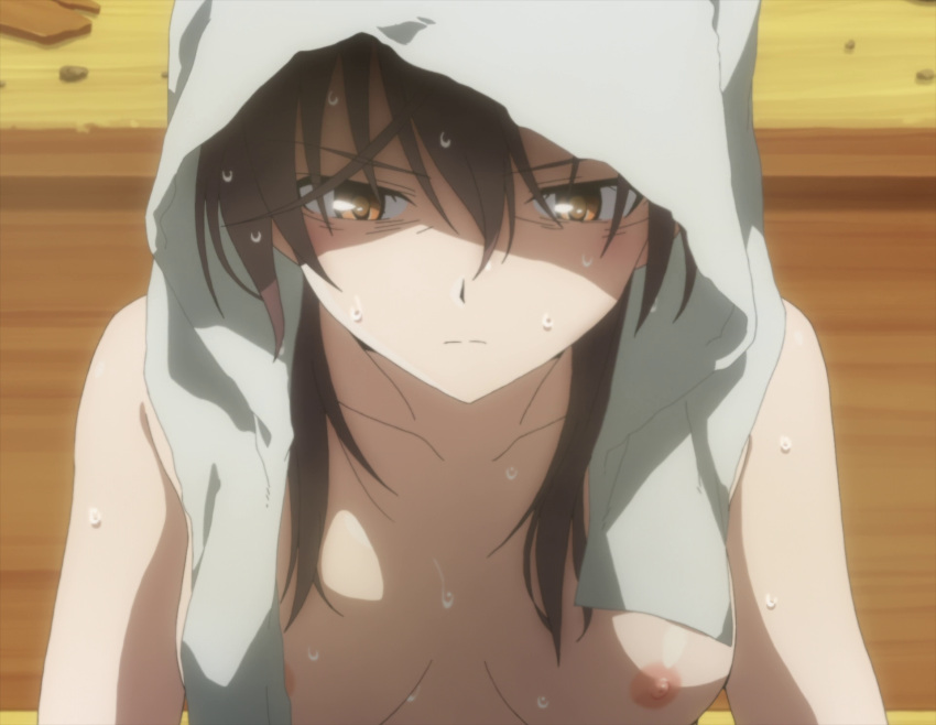 1girl 1girl 1girl big_breasts breasts brown_hair gertrud_barkhorn high_resolution nipples nude screen_capture strike_witches strike_witches:_road_to_berlin sweat sweatdrop towel towel_on_head world_witches_series