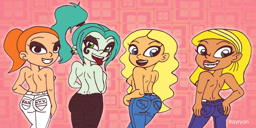 ass big_ass blonde_hair blue_eyes blue_hair braceface bubble_butt crossover danny_phantom ember_mclain green_eyes grin jeans kim_possible long_hair nipple rayryan_(artist) red_hair redhead rick_and_morty sharon_spitz sideboob smile summer_smith tara_(kim_possible) topless