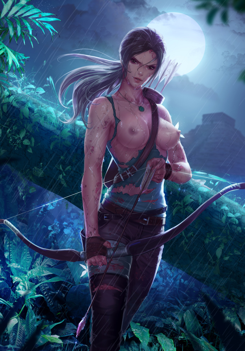 1girl 1girl 1girl arrow bare_shoulders belt big_breasts blood breasts brown_eyes brown_hair cowboy_shot erect_nipples exposed_breasts feet_out_of_frame female_only full_moon grass high_resolution holding_bow_(weapon) holding_weapon jewelry lara_croft large_filesize lips long_hair looking_at_viewer moon necklace night night_sky nipples nude nude_female outdoor_nudity outside pants parted_lips ponytail rain scar sky standing tank_top teeth tied_hair tomb_raider tomb_raider_reboot torn_clothes torn_pants torn_shirt tree very_high_resolution wet wet_clothes zarory