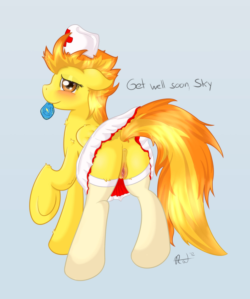 2012 anus ass blush condom english_text equine female friendship_is_magic furry hair horse inviting long_hair looking_at_viewer looking_back multicolored_hair my_little_pony nurse pony presenting pussy ratofdrawn seductive smile solo spitfire stockings text wings wonderbolts_(mlp)