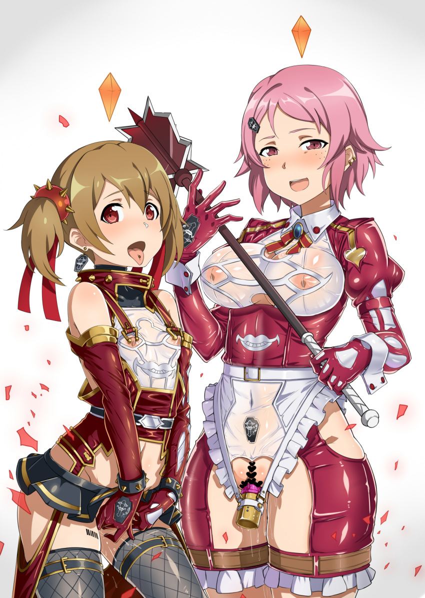 1girl 2_girls alternate_costume ayano_keiko bondage breasts brown_hair corruption evil_smile femsub gozaru latex lisbeth mind_break mind_control multiple_girls multiple_subs piercing pink_hair shinozaki_rika short_pink_hair silica sword_art_online tied_hair twin_tails weapon