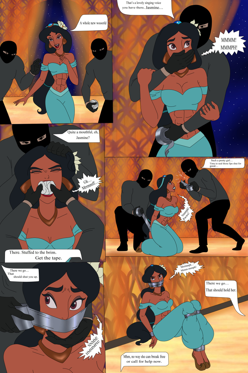 1girl aladdin_(series) athletic_female clothed clothes comic disney error50 female_abs fit_female multiple_boys princess_jasmine tape_gag