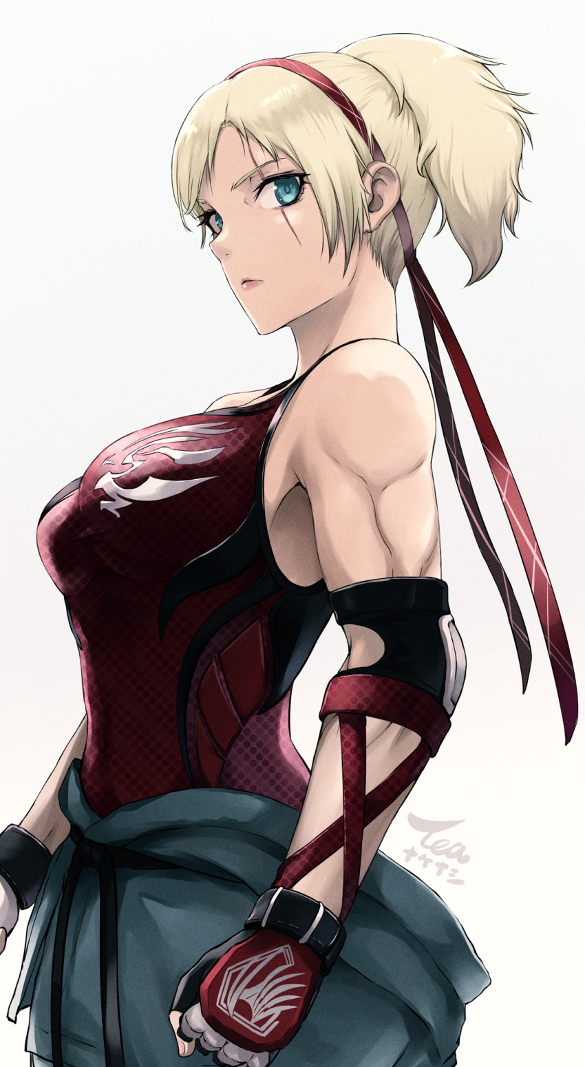 1girl alluring athletic_female blonde_hair blue_eyes breasts closed_mouth clothes_around_waist fingerless_gloves fit_female gloves hairband high_res lidia_sobieska looking_at_viewer namco ponytail red_hairband red_tank_top scar scar_across_eye scar_on_face short_hair simple_background tank_top tea_(nakenashi) tekken tekken_7 white_background