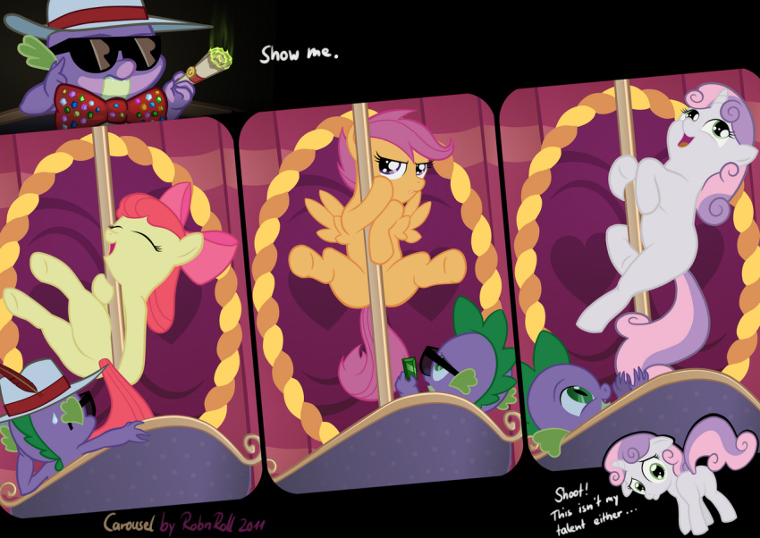 apple_bloom bow_tie cutie_mark_crusaders dancing dragon equine eyewear female friendship_is_magic glasses horn male my_little_pony pegasus pimp pimp_hat pole pole_dancing robnroll scootaloo spike sweetie_belle unicorn wings