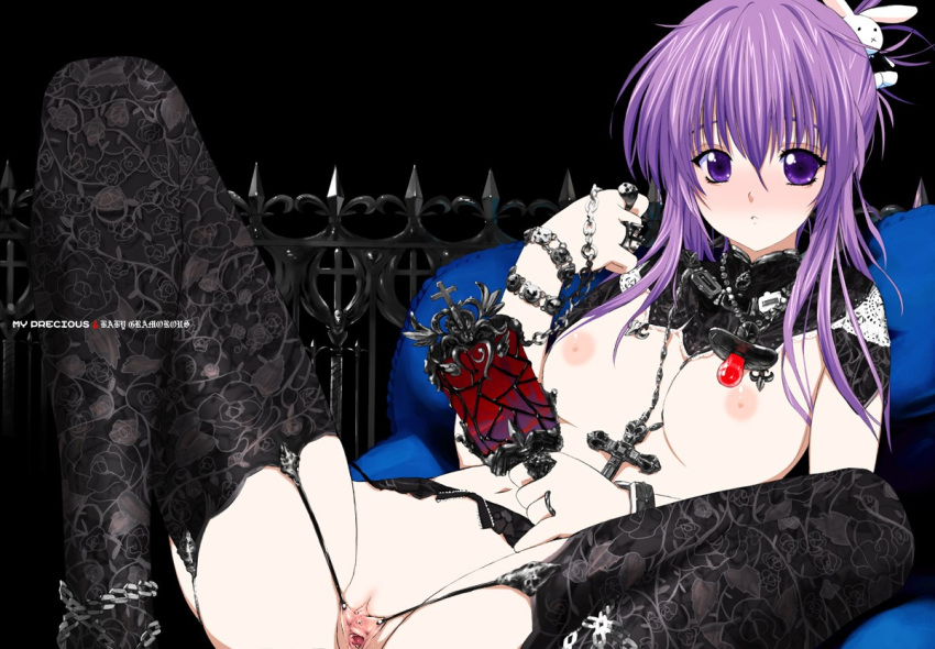 bracelet breasts cross goth gothic leggings lying pacifier pierced_labia princess purple_eyes purple_hair pussy rings uncensored