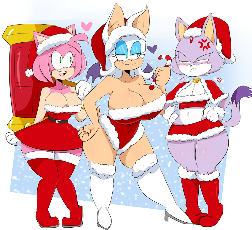 1girl 3_girls amy_rose anthro ass bat bat_wings big_ass big_breasts bimbo blaze_the_cat blush breast_envy cat_ears cat_humanoid cat_tail christmas christmas_outfit cleavage exposed_belly exposed_breasts female_only flat_chested furry hammer hedgehog holidays huge_breasts jealous jinu leggings medium_breasts piko_piko_hammer pink_fur pink_hair purple_fur rouge_the_bat santa_hat sega showing_off small_breasts stockings thick_thighs white_hair wide_hips