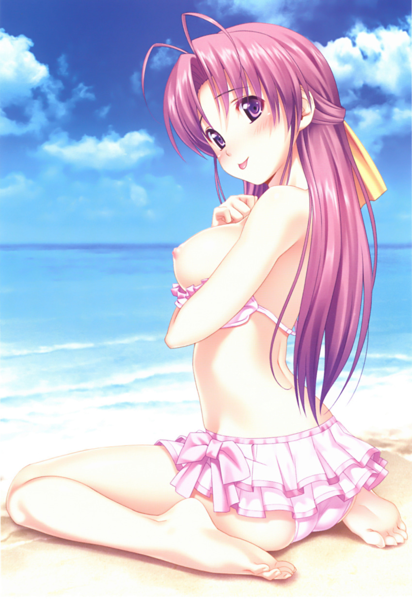 1girl :p antenna_hair aoi_matsuri bare_legs barefoot beach bikini bikini_pull bikini_skirt blue_sky blush breasts cloud feet high_res highres koutaro long_hair nipples pink_bikini pink_hair purple_eyes scan sitting sky soles solo swimsuit toes tongue tongue_out tropical_kiss wariza water