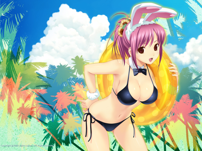 1girl animal_ears bikini black_bikini bow bowtie breasts brown_eyes bunny_ears cleavage cloud collar cute day detached_collar flower high_res highres hinata_hanabi innertube koutaro large_breasts official_art photoshop_(medium) pink_hair ponytail purple_hair rabbit_ears red_eyes red_hair redhead side-tie_bikini side-tie_bikini_bottom sky solo swimsuit tree tropical_kiss wristband