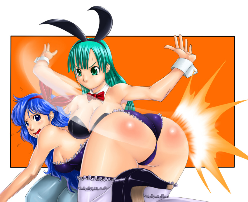 2girls angry aqua_eyes arm arms art ass babe bare_arms bare_shoulders big_breasts blue_eyes blue_hair blue_legwear bow bowtie breast_rest breasts bulma detached_collar dragon_ball fake_animal_ears girl_on_top hair_bow high_heels judge_martin launch leotard lingerie long_hair looking_at_another looking_back looking_down lunch_(dragon_ball) moaning multiple_girls neck_tie necktie open_mouth pantyhose purple_eyes reacting red_butt shoes sitting spanked spanking stockings strapless sweat sweating teeth thighhighs underwear yuri