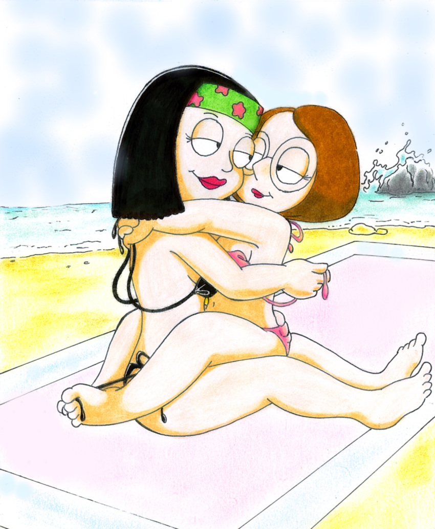 american_dad beach bikini black_eyes black_hair breasts brown_hair cleavage crossover family_guy glasses hayley_smith haymeg lipstick long_hair meg_griffin ocean red_lipstick short_hair side-tie_bikini yuri