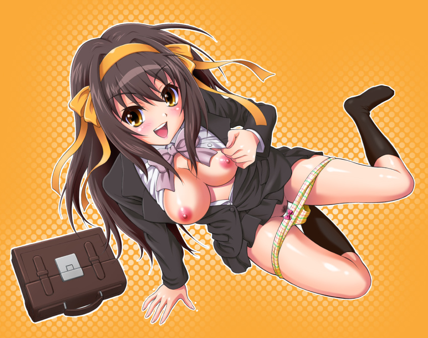 1girl alternate_costume alternate_hairstyle arm_support black_legwear black_socks blush bow bow_panties bowtie breasts brown_eyes brown_hair footwear hair_bow hair_ribbon harukaze_soyogu legs long_hair open_mouth panties plaid pubic_hair pussy ribbon socks solo suzumiya_haruhi suzumiya_haruhi_no_shoushitsu suzumiya_haruhi_no_yuuutsu tartan underwear