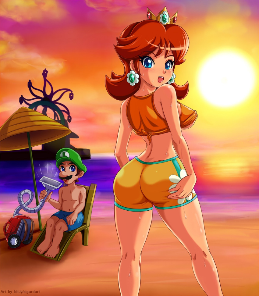 1boy 1girl beach beach_umbrella blue_eyes brown_hair bubble_butt ferris_wheel from_behind luigi nintendo princess_daisy sigurd_hosenfeld sigurdhosenfeld sun super_mario_bros. swimsuit vacuum_cleaner