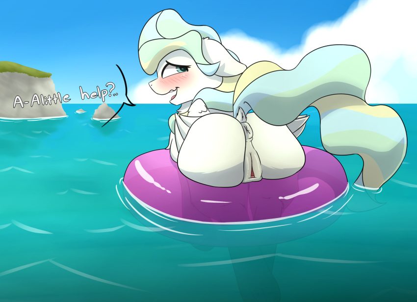 1girl anus ass blush english_text female female_only female_pegasus friendship_is_magic in_water inflatable my_little_pony outdoor outside pegasus pony pussy solo tail vapor_trail_(mlp) wings