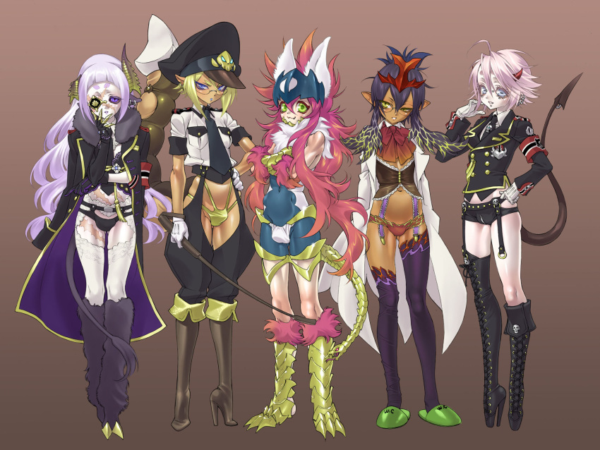 :3 ballet_boots blonde_hair blue_eyes boots bulge crossdressing dark_skin demon_boy demon_tail earrings eyepatch fang fundoshi furry futanari garter_belt gloves gradient gradient_background green_eyes hat heeled_boots high_heel_boots high_heels highres horns jewelry kiyo_(nbs199) kujou_kiyo lipstick long_hair makeup male male_focus monster_boy multiple_boys necktie original piercing pink_hair purple_hair purple_legwear ribbon riding_crop scorpion_tail shoes short_hair simple_background skull smile tail thighhighs trap white_legwear yoru_akamaru