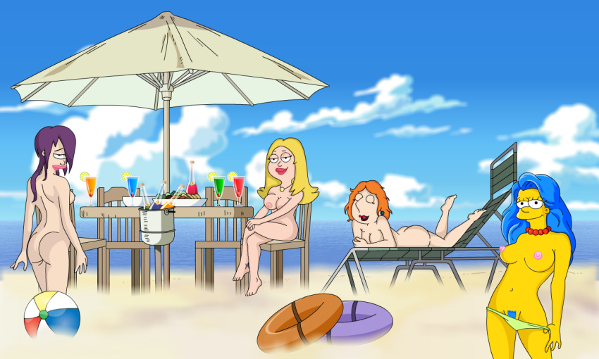 american_dad beach crossover family_guy francine_smith futurama lois_griffin marge_simpson the-real-joe-cool the-real-joe-cool_(artist) the_simpsons turanga_leela yellow_skin