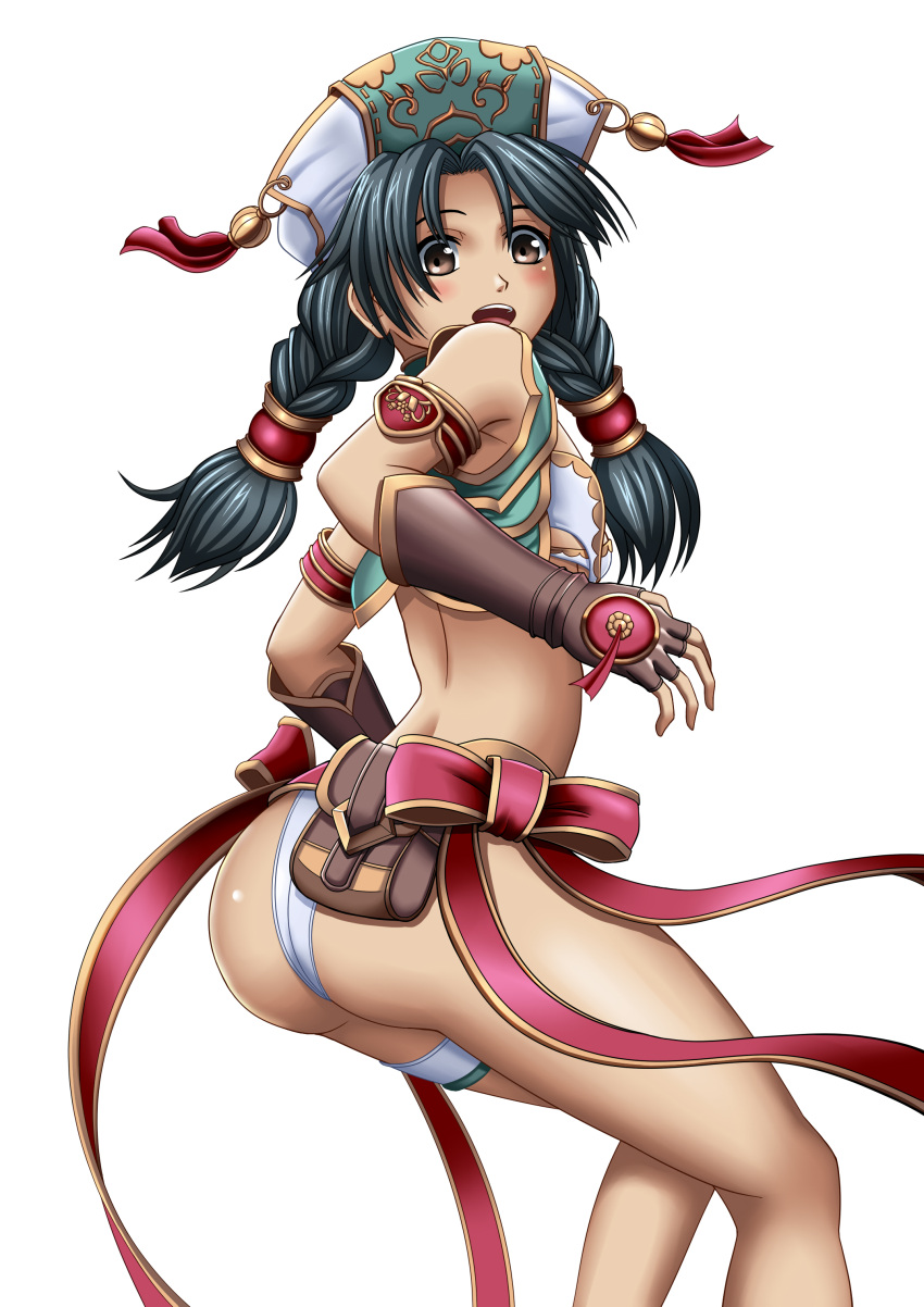 1girl 1girl absurd_res alluring artist_request ass bare_shoulders black_hair blush braid brown_eyes dark_skin fingerless_gloves from_behind gloves hat high_res long_hair looking_at_viewer open_mouth panties pants see-through shiny shiny_hair shiny_skin smile soul_calibur talim thong twin_braids underwear