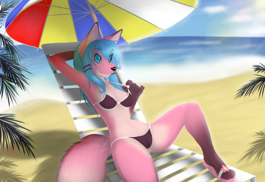 2012 anthro beach bikini blue_eyes canine cute female fox furry pose sand seaside skimpy smile solo tail takimi xin-wei xin-wei_(artist)