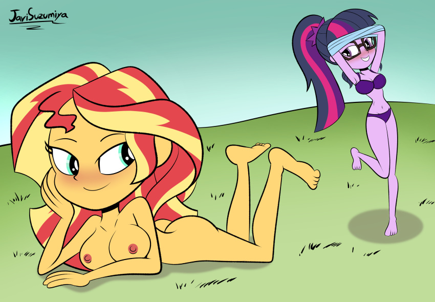1girl 2022 2_girls armpits ass barefoot barefoot_on_grass blush bra breasts casual casual_nudity equestria_girls field friendship_is_magic hasbro javisuzumiya my_little_pony naked_female nipples nude nude_female nudist older older_female on_stomach one_leg_bent one_leg_raised outside panties pink_nipples prone purple_bra purple_panties sunset_shimmer taking_clothes_off twilight_sparkle_(mlp) underwear wholesome young_adult young_adult_female young_adult_woman yuri