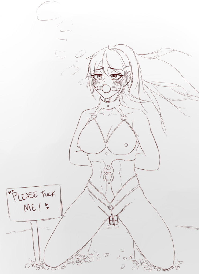 1girl asphyxiation ball_gag blush bondage_gear bubble collar dildo hands_behind_back horny kneel medium_breasts nipples nude pussy pyrrha_nikos rwby sign sketch tabletknight tiara underwater uwlover